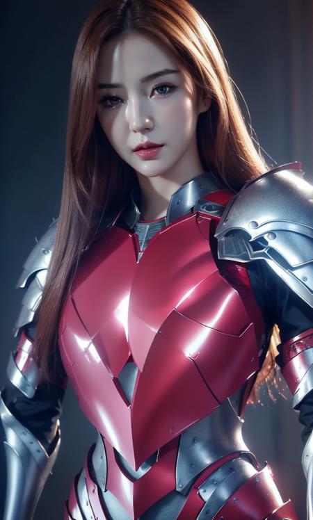 (masterpiece, best quality, extremely detailed 8k, ultra hd, ultra-detailed, highly detailed, highly realistic, photo realistic), (korean, 1girl:1.5), (1head:1.5), (beautiful realistic face, detailed realistic face), (caramel hair color, high detailed realistic hair, beautiful realistic hairstyle, long hair), (beautiful realistic eyes, high detailed realistic eyes, proportional eyes, high detailed pupils, blue eyes), (high detailed realistic natural eyebrows), ((high detailed realistic lips, beautiful realistic lips, pink lipsticks, light smile)), (high proportional realistic breasts, realistic medium breasts), slender abs, highly detailed skin, full body view, full body shot, (red sexy armor:1.5), (illustration background, cgi, cinematic, futuristic)