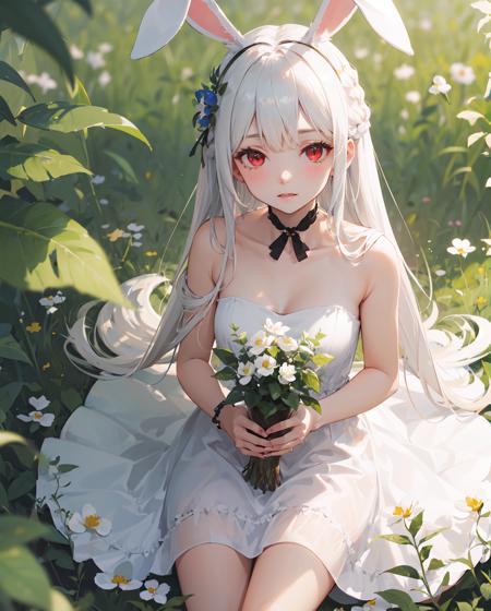 (masterpiece, best quality),1girl with long white hair sitting in a field of green plants and flowers, holding 1 white rabbit in her hand, warm lighting, white dress, (blurry foreground:1.1), 50mm, detailed eyes, perfect light, (colarbone:1.1), close up, from above, shoulderless dress, young girl, ornaments in hair, looking to viewer, red eyes