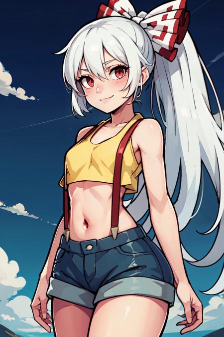 fujiwara no mokou, white hair, red eyes, hime cut, very long hair red baggy pants, bow, buttons, collared shirt, long sleeves, hair bow, suspenders