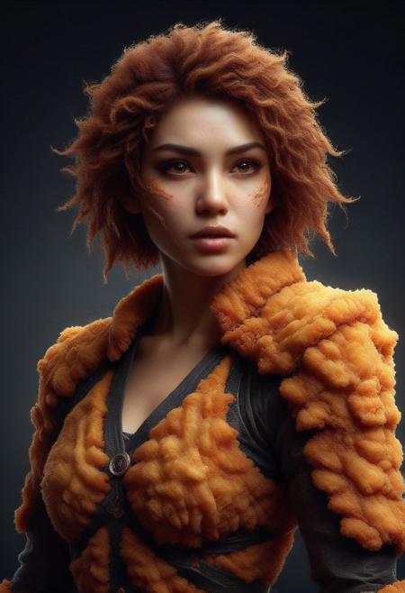 Ultrarealistic. sharp focus, dynamic lighting. play of light, Raytracing, Ultra detailed. (((DFC Style))). A beautiful female samurai warrior wearing an armor made of deep fried & crispy breading. Katana in hand. Cowboy shot. Make up.DFC, skulldog, skull head, no humans