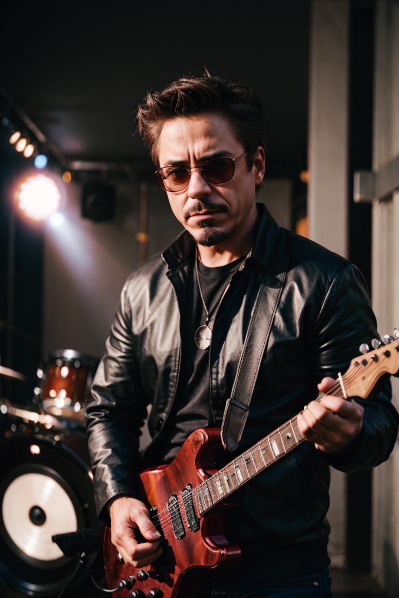 A man wearing sunglasses and holding a guitar.