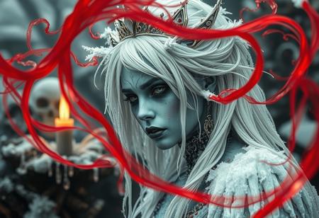 “A hyperrealistic depiction of an ice princess with an eerie ambiance, wearing heavy gothic makeup, set in a rotten and decayed world. The scene is intricate with frost-covered elements, blending a fantasy horror concept with a dark fairytale wonderland background. Red and acid green color twirls swirl through the scene, adding an ominous and sinister touch. The white and gold color palette contrasts sharply with decayed, rotting surroundings and the red and green accents, creating a haunting atmosphere. The image uses a 12mm lens effect to enhance depth and distortion, with sharp contrasts, deep shadows, and an ultra-detailed photorealistic style. The ice princess appears both enchanting and terrifying, emanating mesmerizing visual storytelling in a chilling, frost-bitten, and decayed environment.”