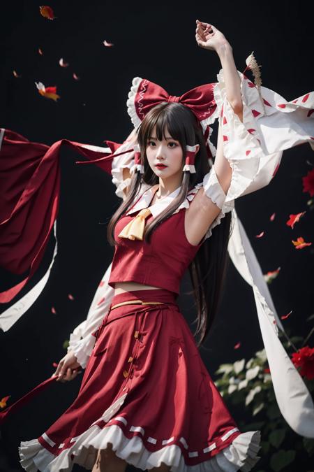 best quality, masterpiece, real,realistic, photo,photorealistic,looking at viewer, 
1girl, beautifly face,hakurei reimu \(cosplay\), miko,
magic circle, dynamic pose,floating,mid air,depression,dim light,rim light,moody lighting,expressionless,arms up,from below,red flower,print,pattern,
<lora:hakurei reimu cosplay_728_V3_07:0.6>