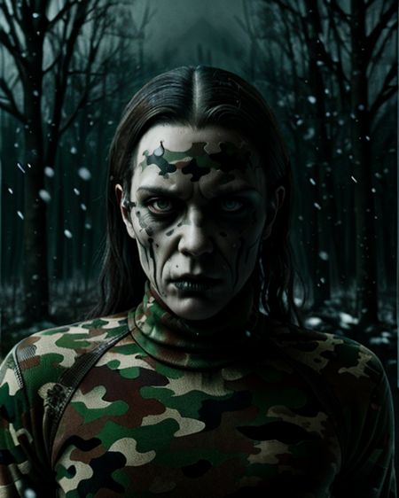 Weird ral-camo, in ral-camo, Snowing, Horror, gothic, <lora:ral-camo-sd15:1.2>, fine detail, dynamic dramatic atmosphere, enchanted, sublime, inspired, professional fine composition, very coherent, excellent composition