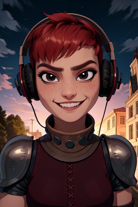 Nimona, black eyes, upper body, smiling,  short hair, headphones, 
NimSuit,,armor,bandages,gloves ,dress,brown footwear, 
nighttime, 
(insanely detailed, beautiful detailed face, masterpiece, best quality) <lora:Nimona-10 v3:0.7>