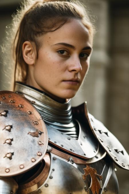 a woman in armor poses for a picture, unsplash, renaissance, off-white plated armor, cinematic close shot, white and orange breastplate, confident knight's outfit,