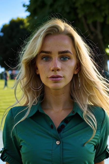 woman in a stunning button up blouse, <lora:ev4vl44r:1>, (at a grassy park in france), perfect day, RAW, 8K, UHD, cinematic lighting, highly detailed face, curly blonde hair, close up, , upper body, candid, amateur