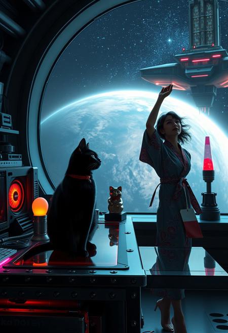 A sleek black cat with red collar sits on a cluttered metal riveted desk with transparent top and rgb led computer components visible inside, On the desk are a maneki neko statue and a lava lamp, the Black Cat is looking out of a seamless and futuristic floor to ceiling window that looks out at a planet from low orbit, (((a beautiful woman, 24 years old, is standing next to the cat looking at the planet is stretching with arms above her head, the woman is dressed in an ornate Japanese style bath robe. An enormous deco-cyberpunk starship with futuristic lighting and an enormous space station are visible in the background among the stars, The woman's hair is messy from just waking up and tied up with a ribbon. Artistic cyberpunk, dynamic perspective, (((overall architectural aesthetic is Art Deco Cyberpunk))).