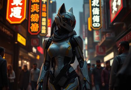 a cyberpunk robot samurai Anthro wolf woman, sleek white with yellow trim exosuit like destiny, robot anthropomorphic wolf face with mirrored face shield, robot joints, body made of metals, cables and wires, she has a pair of ornate pulse pistols holstered at her hip, in sleek cyberpunk futuristic holsters. she has one hand on the handle of one of the pistols, in a cyberpunk city street, walking in a crowd, dim lighting from lots of large overhead neon signs, silhouetted in the gloom.  Perfect Composition, realistic photographic image, RAW photo highest quality, perfect directional lighting, she is looking out at the people in the street around her as if hunting.