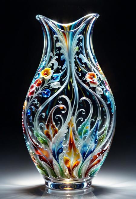 score_9, score_8_up, score_7_up, masterpiece, amazing quality, best quality, very aesthetic, absurdres, very awa, hyper-realistic, ultra-HD, perfect composition, cinematic lighting, volumetric lighting, raytracing, ambient occlusion, extreme close up, 
BREAK
murano_glass_style, Murano Glass Vase, swirling colors, translucent glow, floral patterns, delicate curves,