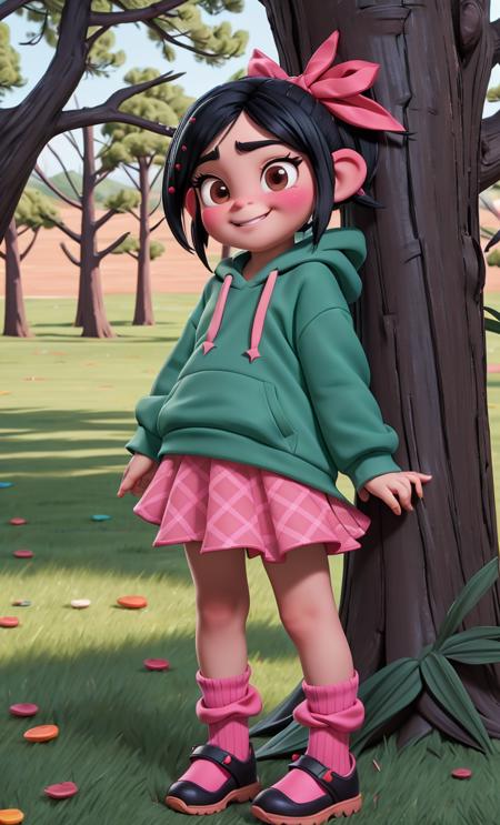 1girl, <lora:Vanellope_von_Schweetz:1> Black hair with colored sprinkles, red ribbon, teal hoodie, large brown eyes, pointy ears, pink blush on cheeks, content expression, skirt, grass, park, tree, standing, full body, (child:1.2)