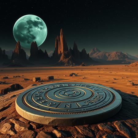 High-resolution, landscape image featuring a circular metallic platform in the foreground, laying on a flat rocky outcrop . The stone platform has intricate raised carvings, depicting strange alien symbols. In the background dark granite spires rise majestically from a dry and barren landscape. In the star splashed, inky black sky a spectacular gas giant planet, its atmosphere a swirl of green and blue, rises above the horizon . The overall composition is balanced, with the stone platform as the focal point, leading the viewer's eye towards the distant mountains and dramatic sky.