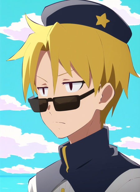 itaden <lora:itaden_offset:1.2>, masterpiece, best quality, 1boy, TT, blonde hair, solo, male focus, hat, sunglasses, parody, sky, cloud, outdoors, closed mouth