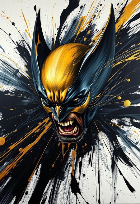 A hyper-stylistic, extremely detailed image depicts a breathtaking painting, crafted from a combination of smeared black and gold metallic paint. Wolverine from x-men is captured in a streaked motion, as if it is moving rapidly in one direction. The black paint is applied in bold, dynamic strokes, creating a sense of energy and movement that is contrasted beautifully by the golden accents. The gold paint is used to highlight the Wolverine's features, adding a sense of depth and dimensionality to the image. The overall effect is one of breathtaking, surreal dynamism, as if the viewer has captured a fleeting moment in time. Every detail of the image is meticulously crafted, from the delicate, swirling patterns of the gold paint to the intricate, textured patterns of the black paint. The contrasts between light and dark, color and texture, create a sense of tension and energy that draws the viewer in, inviting them to explore the kinetic world of the painting. highest-Quality, intricate details, visually stunning, Masterpiece