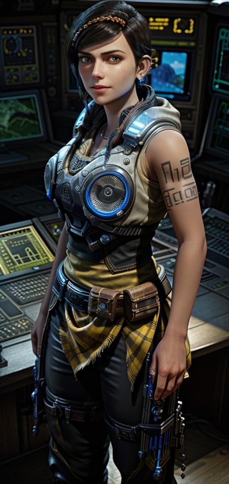 masterpiece, best quality, highres, aanobara, <lora:Kait Diaz:0.8>, short hair, black hair, gears of war light armor, tan shirt under the armor with short sleeves, black pants, yellow half skirt, brown boots, looking at viewer, standing, cowboy shot, control room background, smile, 2 red hair braids with silver jewelry tip, long triangle tattoo left arm, holding chainsaw gun