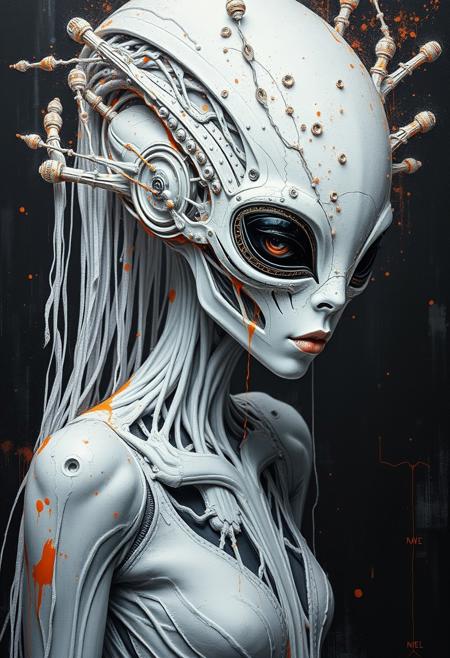 Ethereal minimalist Alien race cybergoth fashion photography painting, in the style of fluorecent orange, pearl_white black and silver, heavy use of palette knives, full body wide shot painting of teachment, intricate, sharp_focus, concept_art
