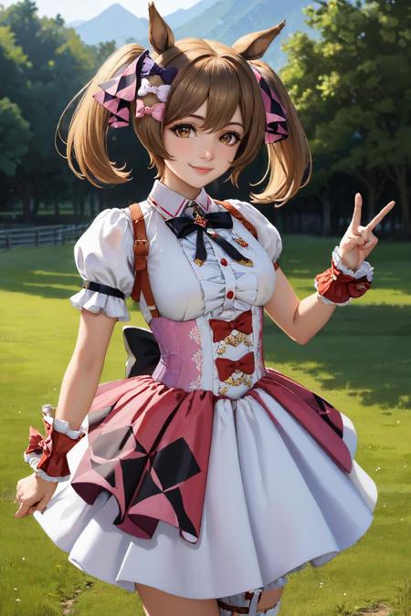 smartfalcon, twintails, hair bow, horse ears, horse tail frills, white shirt, puffy short sleeves, wrist cuffs, pink skirt