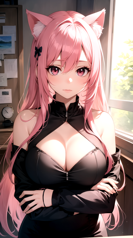 masterpiece, best quality, 1girl, beautiful detailed eyes, looking at viewer, upper body, pink hair, long hair, red eyes, shy, cat ears, pencil dress, large breasts,