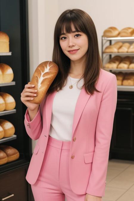photo realistic, masterpiece, best quality, studio lighting, solo, jmc <lora:jennettemccurdyV01:1>, <lora:polyhedron_skinny_all:.3>, pink suit, holding a ((bread,puff)) (Urn) with ((two hands)) , light smiling ,  blonde highlights with bangs , bakery background,(looking at viewer, realistic eye and face details),film grain:1.5, Kodak Max 400 Film), (nsfw:1.2)