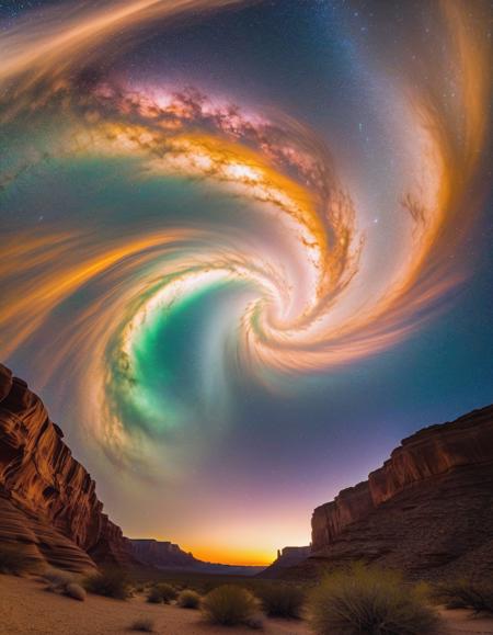 swirling shimmering sky above a desert canyon, luminescent, luminous, inner light, glowing, shining, glinting, iridescent, billowy, soft, pale, gossamer, gaseous