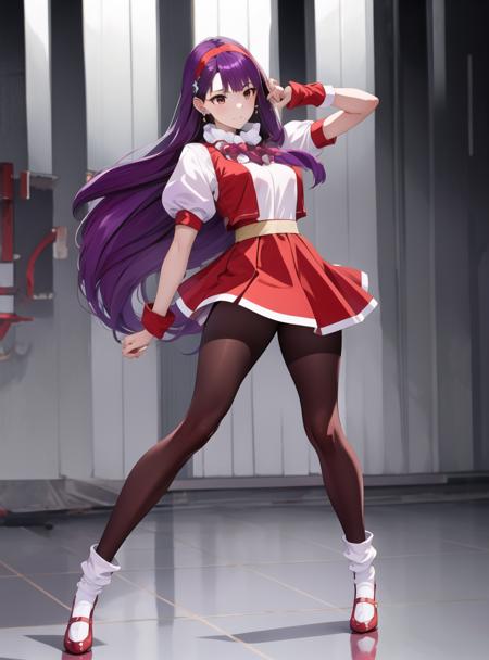 Beautiful face,best quality,highres, (1girl:1.3),solo,,purple hair, long hair, hairband, long hair, 
earrings, red dress, puffy short sleeves, white sleeves, wristband,(standing:0.9),(spread legs quality:0.6),full body,  beautlful legs,  (red pantyhose:1),white socks,(necklace with 5 purple beads:0.5),  <lora:Athena97:0.8>