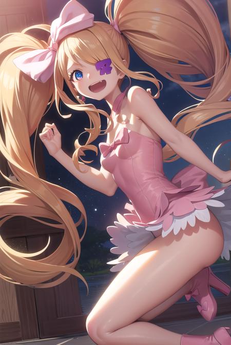 nui harime, 10s, big hair, blonde hair, blue eyes, drill hair, eyepatch, hair bow, long hair, pink bow, twin drills, twintails, boots, bow, dress, eyepatch, hair bow, pink footwear, strapless, strapless dress,