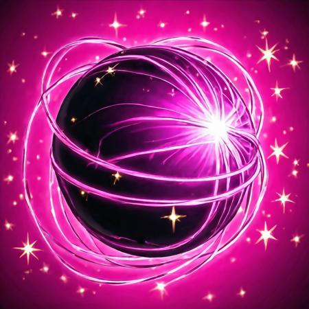 Black to purpure gradient background, NO HUMAN, purpure sphere of pink silk threads covered in ribbons, lightning centered, close-up, stars, magic, casting spell