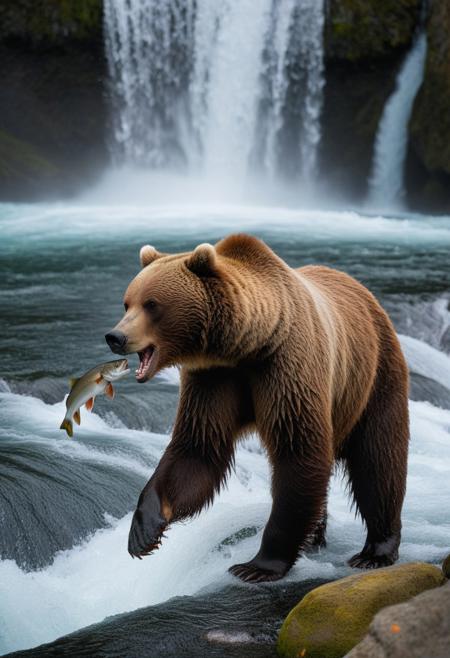 grizzly bear fishing for salmon near a waterfall