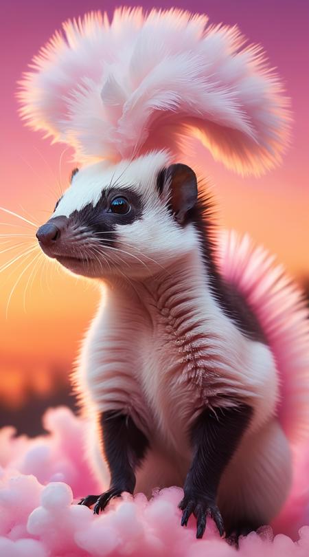 Cotton candy skunks, speaking to the crowd, Sunrise, steamy with vapor rising, radiant sunset gradients, macro close-up detail shot, head and shoulders shot, biomorphic organic shapes, billowy smoke wisps, sparkling diamond clusters, kaleidoscopic pattern symmetry, lo-fi texture overlay.
