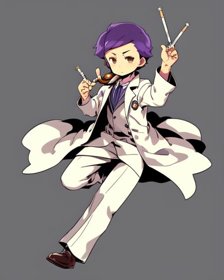 <lora:EtrianV2.1:0.8>
solo, 1boy, brown eyes, male focus, labcoat, simple background, white background, syringe, instrument, purple hair, full body, pants