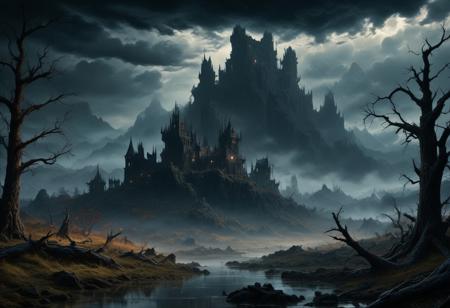 high definition, masterpiece, 
A grim dark fantasy landscape, swamps, dead forrests, ruins, foggy dark mountains far in the background.
Stormy weather, menacing clouds in the sky.
Smooth lighting, depressing scenery, dark magic in the air