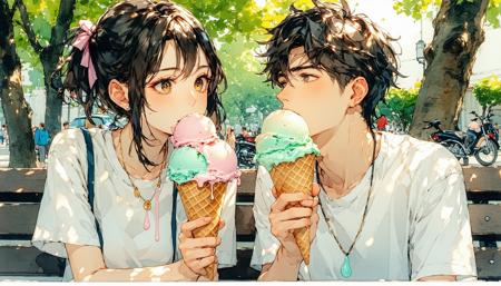 Manga sketch: Expressive girl, pensive boy, devouring melting triple-scoop ice cream. Intimate low-angle close-up, tight on faces, dripping cones. Sun-dappled park bench, rustling gingko leaves. Art style by Yoshitoshi ABe, delicate sumi-e linework, clean ink, subtle cel-shading. Bright afternoon sunlight, dappled highlights, rim lighting. Pastel ice cream (pink, green, cream) contrasts monochrome; summer sky blue accents. Textures: sticky, glistening ice cream; crisp waffle cone. Mood: fleeting summer joy, innocent connection, carefree youth. Subtle motion lines, distant shimmering heat haze.