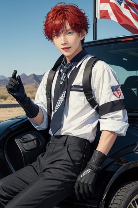 <lora:HiiroAmagi-01:0.7>,hiiro, looking at viewer, smile, open mouth, blue eyes, gloves, 1boy, male focus, red hair, necktie, black gloves, fingerless gloves, ground vehicle, motor vehicle, flag, checkered flag