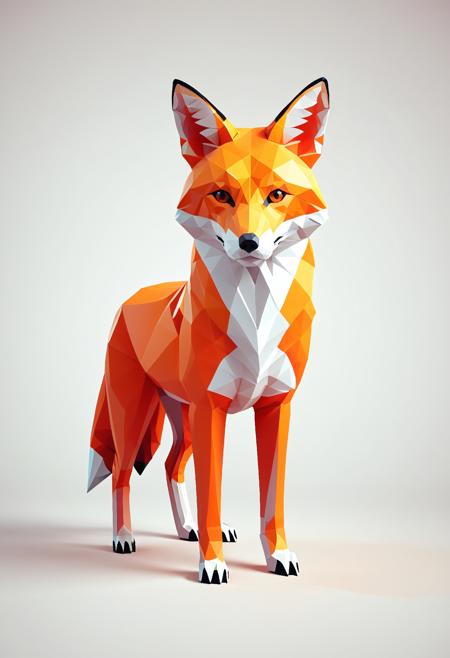 , polygon style, geometric fox, low-poly animal, angular fur, clean polygon edges, symmetrical design, digital art, sharp facets, orange and white color scheme, centered subject, minimal background