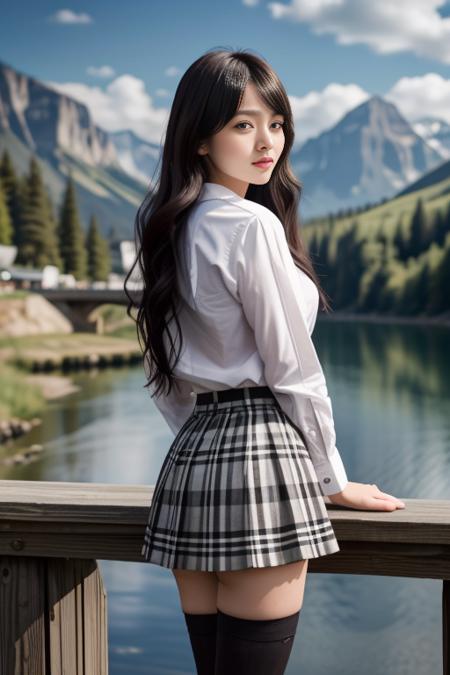 1 woman, 22yo, realistic, masterpiece, high detailed skin, looking at viewer, full body shot, scenic view, long hair, black hair
<lora:A5_Shirt_Skirt_By_Stable_Yogi:0.8> black thighhighs, pleated skirt, plaid skirt, one side up, white shirt, miniskirt