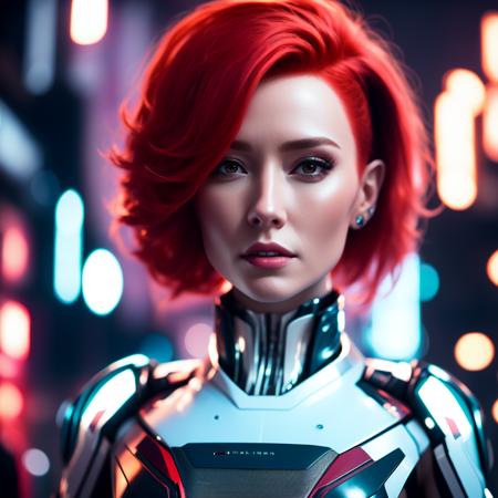 (CyberWoman style:1) close up of a person with red hair wearing a futuristic suit <lora:djzCyberWomanV21:0.8>