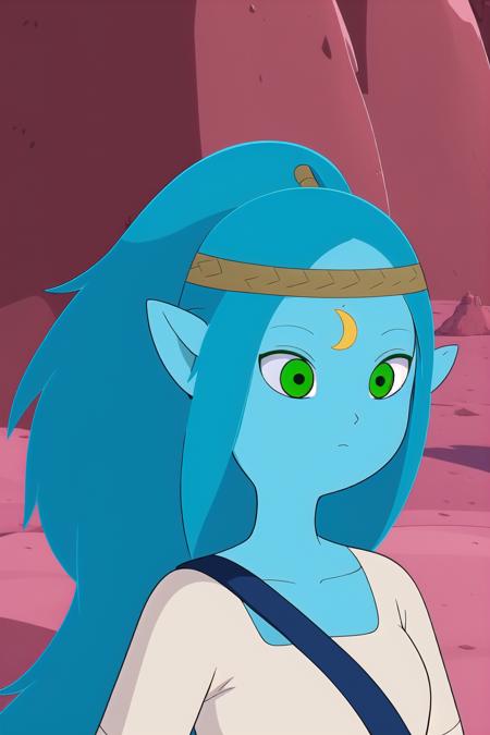 <lora:Canyon_Adventure_Time-06:0.9>, 1girl, solo, long hair, shirt, closed mouth, green eyes, blue hair, upper body, pointy ears, colored skin, crescent, blue skin, desert,