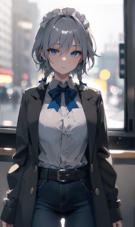 finely detail, Depth of field,best quality, illustration,highres,intricate detail, an extremely delicate and beautiful,shiny,   physically-based rendering, Bokeh, Studio lighting, ultra-fine painting, Highly detailed, masterpiece, best quality, HDR,UHD,8K, Professional
1girl,solo,izayoi sakuya,blue eyes, grey hair,short hair,  twin braids,long hair,blue bowtie, hair bow, ribbon,, breast,headdress, braid,grey coat, grey shirt,belt,black jeans,
simple background,