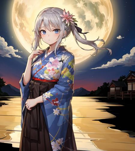 <lora:9a91:1>,1girl,cowboy shot,9a91kimono,japanese clothes,hair flower, floral print,hakama skirt