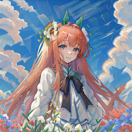 ((masterpiece, best quality)),1girl, horse ears, ((flowers meadows)), cloudy sky, sunlight, smile,