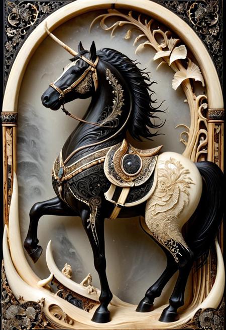 A royal horse adorned with ebony and ivory inlays, scrimshaw style, intricate engraved patterns on tusks and body, majestic posture, black and white ornamental contrast, hyper-detailed textures, carved bone and wood aesthetic, surreal and regal presence, tribal elegance, photorealistic lighting, standing in a misty savanna, fantasy realism, sdxl style