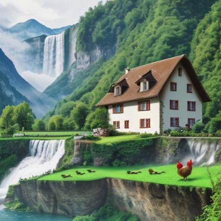 farm with hen and house in the country of Switzerland with waterfall background