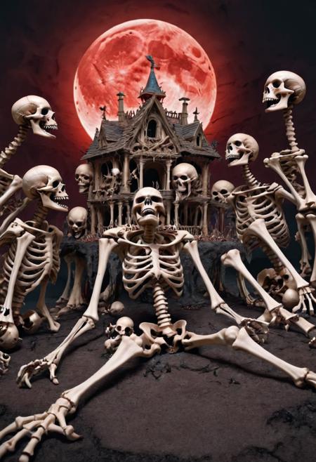A pit of writhing skeletons, their bones grinding and snapping as they claw their way to the surface, black ichor dripping from their hollow sockets, under a crimson moon casting distorted shadows, visceral horror, hyper-detailed, and unnerving, boneswm <lora:Bones_World_Morph:0.8>