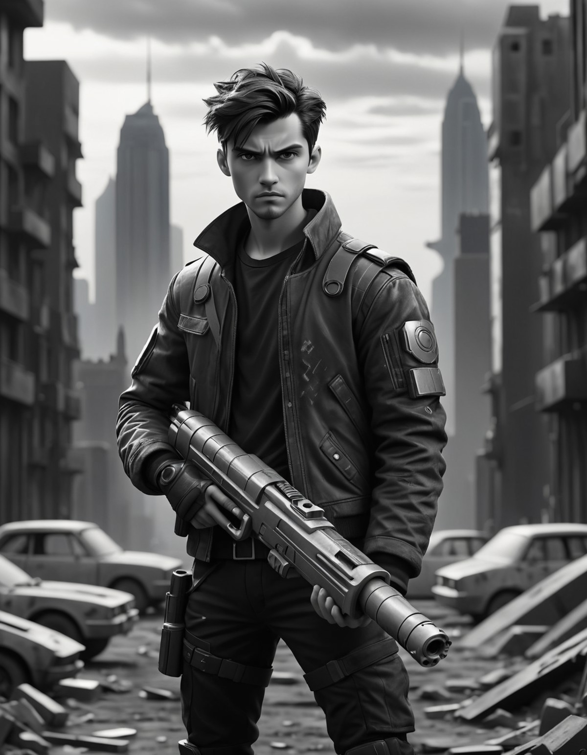 A rebel with a futuristic weapon, overlooking a dystopian cityscape., (monochrome grayscale black and white b&w cool shado...