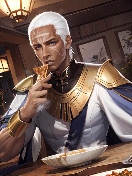 masterpiece,best quality,highres,cinematic lighting,dramatic angle,<lora:ShadowverseMjerrabaineV3-000045:0.8> ,1boy,mature male,muscular,white hair,bald,long robe,long sleeves,wide sleeves,collar,blue eyes,portrait,gauntlets,wristband,gold-trimmed,(facial mark:1.2),dark skin,ribbon,cape,(looking at the mapo tofu:1.2),spicy,(sweat:1.3),eyes widened,spoon,(chinese restaurant:1.2),sitting,table,across table,nervous,sweaty,(clenched teeth:1.1),eating,steam,steamy