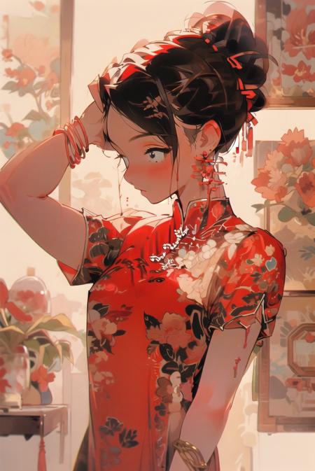 1girl, jewelry, chinese clothes, solo, china dress, dress, hand on hip, earrings, hair bun, red dress, short sleeves, blush, single hair bun, breasts, letterboxed, bracelet, closed mouth, brown hair, arm up, flower, short hair, medium breasts, indoors, looking away, window <lora:oldtime:1>