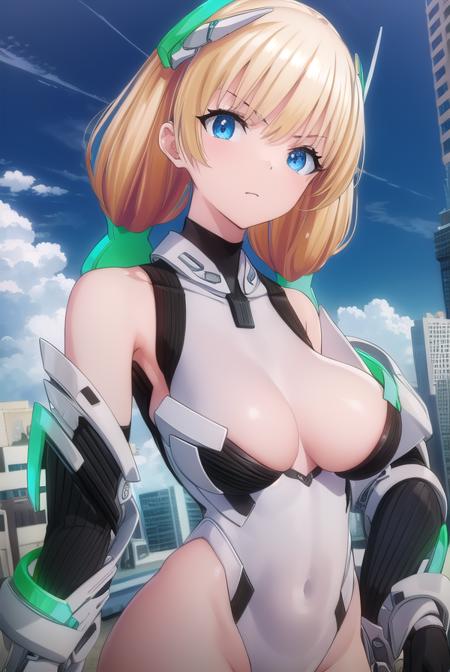 angela balzac, long hair, bangs, blue eyes, blonde hair, twintails, low twintails, hair ornament, gloves, bare shoulders, black gloves, elbow gloves, armor, leotard, covered navel, turtleneck, headgear, halterneck, highleg, highleg leotard,