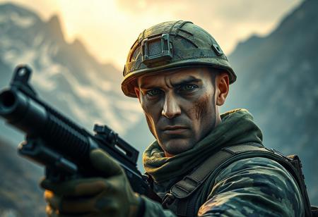 Weathered soldier, green camo, black gun, mountain dreamland backdrop. Intense gaze, dynamic pose. Matte painting, splash ink illustration, octane render, Unreal Engine 5, Raphael style, Houdini style. Vivid emotion, detailed eyes, CGSociety, Artstation trending, golden ratio, 8k, landscape, refraction, intricate detail, fractal glow, weta digital, ray tracing, insane details, elite, elegant.