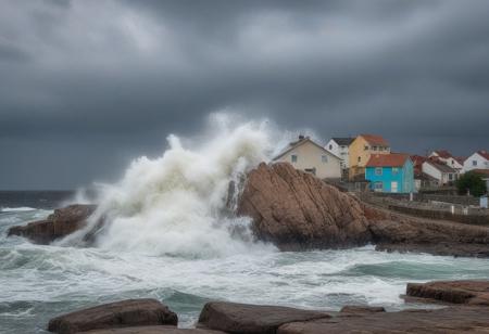 very realistic photography of the raging sea hitting a large rock creating a big splash near a village of houses with diverse colors, cloudy sky background
