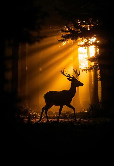 A male red deer walks through a forest clearing at dawn, its silhouette defined by backlit golden sunlight streaming through a dense tree canopy. The deer's prominent antlers and full body are visible as it moves from right to left through the scene. Long rays of warm morning light pierce through gaps in the trees, illuminating particles in the air. Dark forest vegetation frames the edges of the clearing, creating strong contrast with the illuminated center area where the deer stands. The forest floor is covered with fallen leaves and undergrowth, visible in the dappled morning light filtering through the trees. Wide-angle nature photography with deep depth of field and dramatic backlighting creates high contrast between dark and light elements.